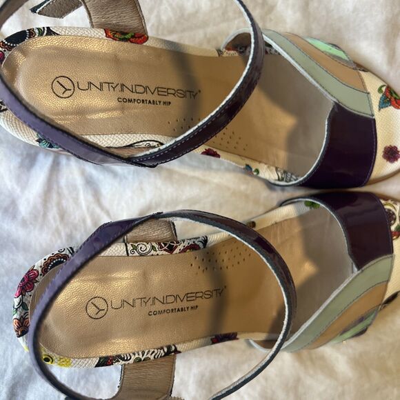 Unity In Diversity Leather Block Heel Sandals Purple Rainbow Floral EU 36 / US 6 - Picture 7 of 11